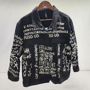 Mens Distressed Graffiti Print‎ Denim Jacket Streetwear Black Small